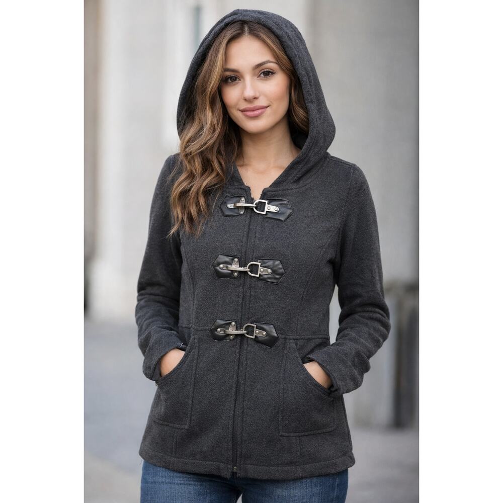 Infamous Women's Hooded Toggle Coat Duffle Jacket‎ Gray Size M Gothic Y2K
